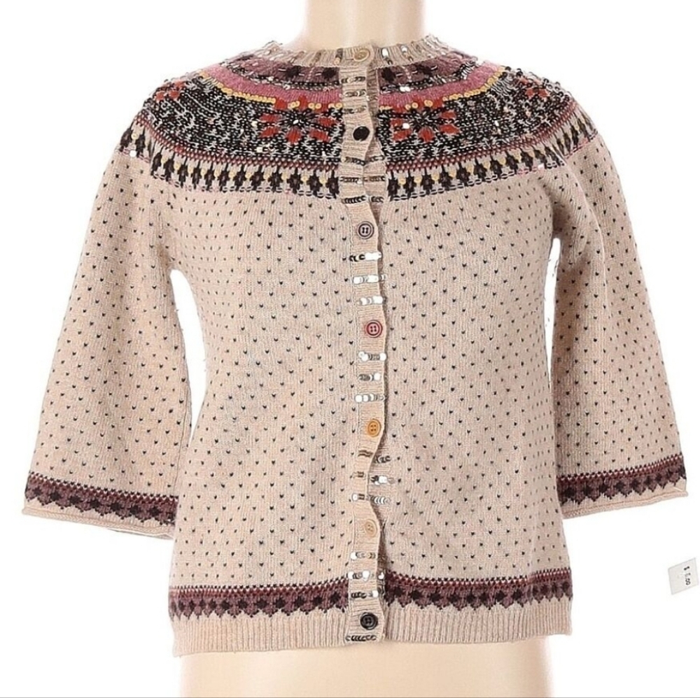 French Connection Beige Knit Fair Isle Yoke Cardigan with Multicolor Accents